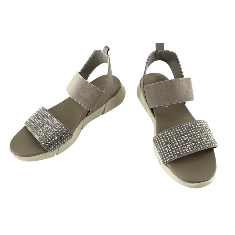 Lauren Lorraine Arrow Rhinestone Embellished Sandals 7M Taupe Comfort Stretch St